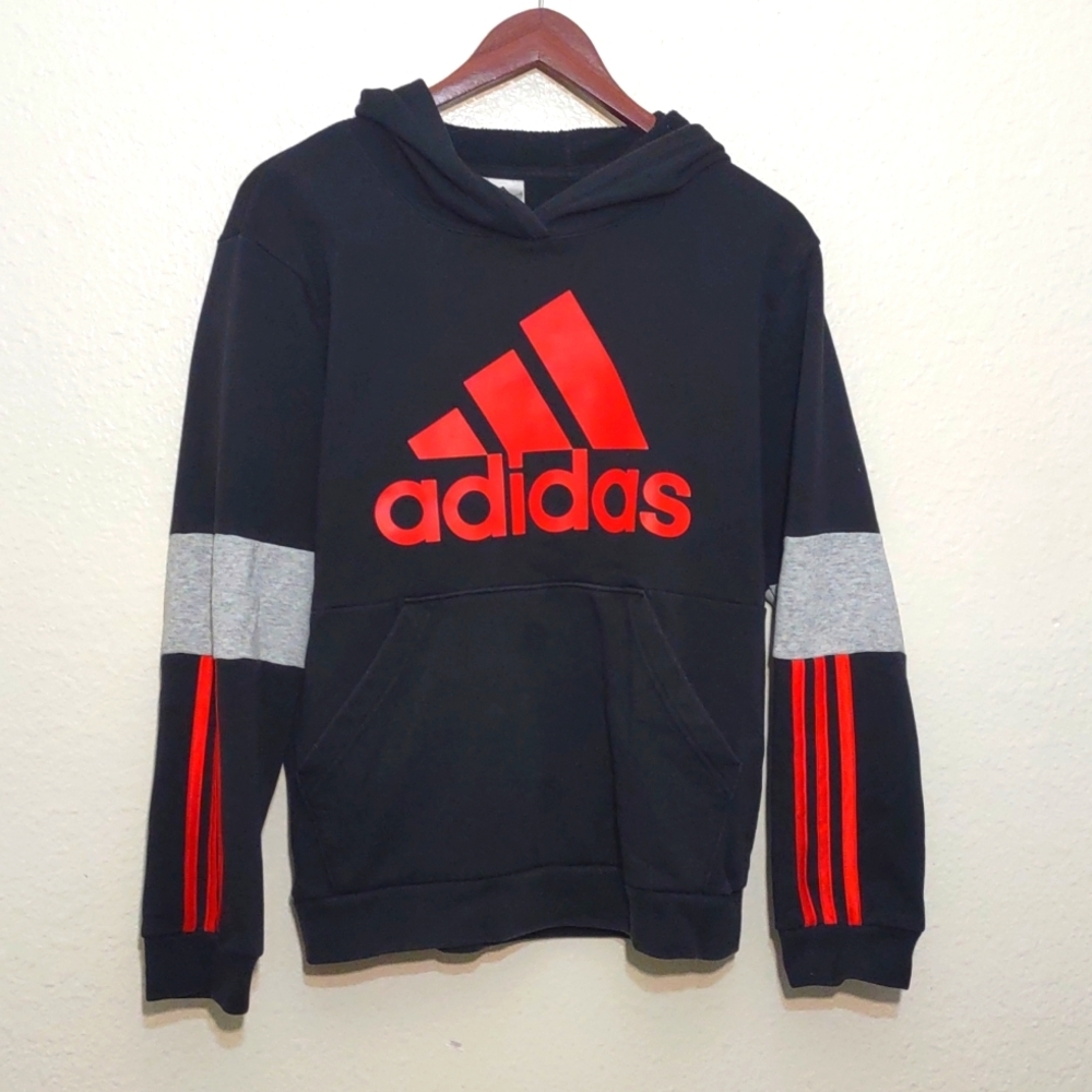 USED STAINED BOYS PULL OVER ADIDAS HOODIE RED BLACK AND GRAY SIZE L 14/16